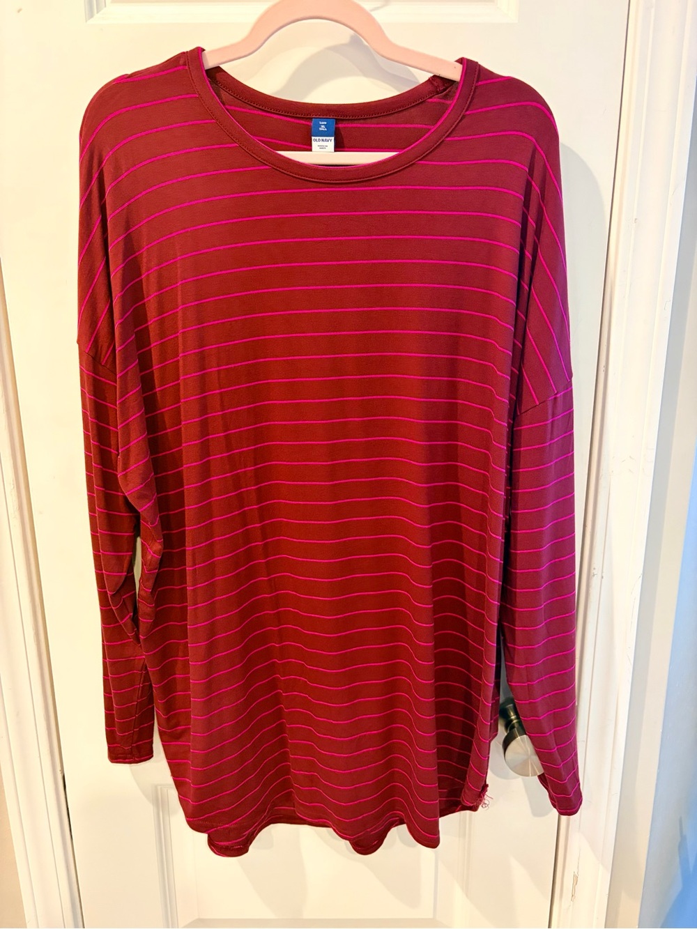 Old Navy Women’s Luxe Striped Long-Sleeve Shirt - Maroon/Pink XL Tall